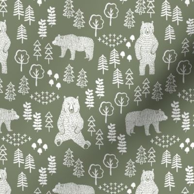 woodland bear fabric, bear wallpaper, nursery wallpaper, cute bear wallpaper, bear design, nursery fabric by the yard, nursery fabric, andrea lauren fabric - olive