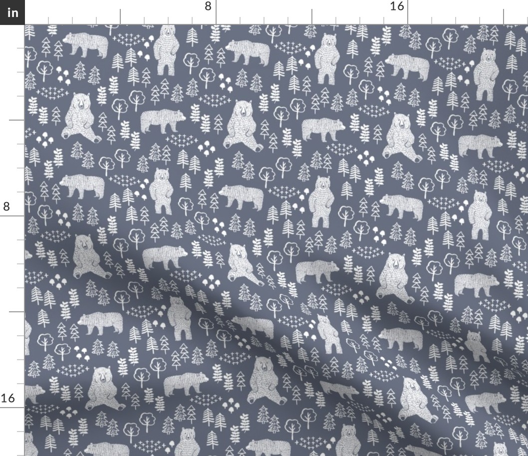 woodland bear fabric, bear wallpaper, nursery wallpaper, cute bear wallpaper, bear design, nursery fabric by the yard, nursery fabric, andrea lauren fabric - blue grey
