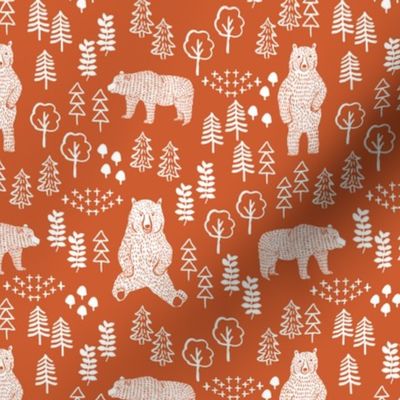 woodland bear fabric, bear wallpaper, nursery wallpaper, cute bear wallpaper, bear design, nursery fabric by the yard, nursery fabric, andrea lauren fabric - rust