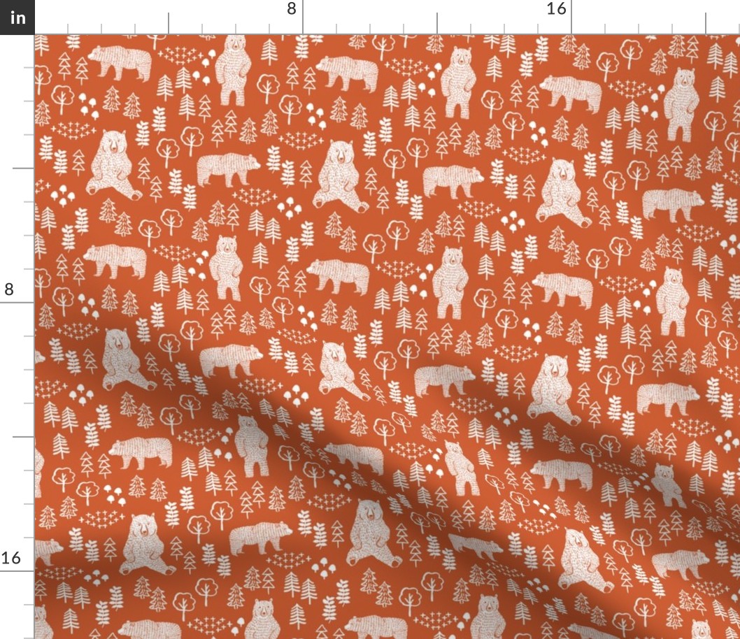 woodland bear fabric, bear wallpaper, nursery wallpaper, cute bear wallpaper, bear design, nursery fabric by the yard, nursery fabric, andrea lauren fabric - rust