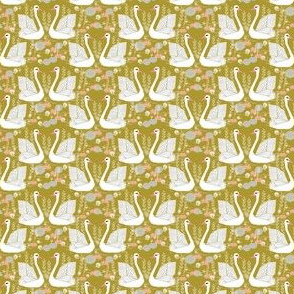 MINI - swan fabric // mustard olive yellow swans birds pastel girls sweet bird swan print