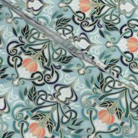  Sage and Blue Art Nouveau Pattern with Peach Flowers small print