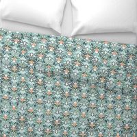  Sage and Blue Art Nouveau Pattern with Peach Flowers small print