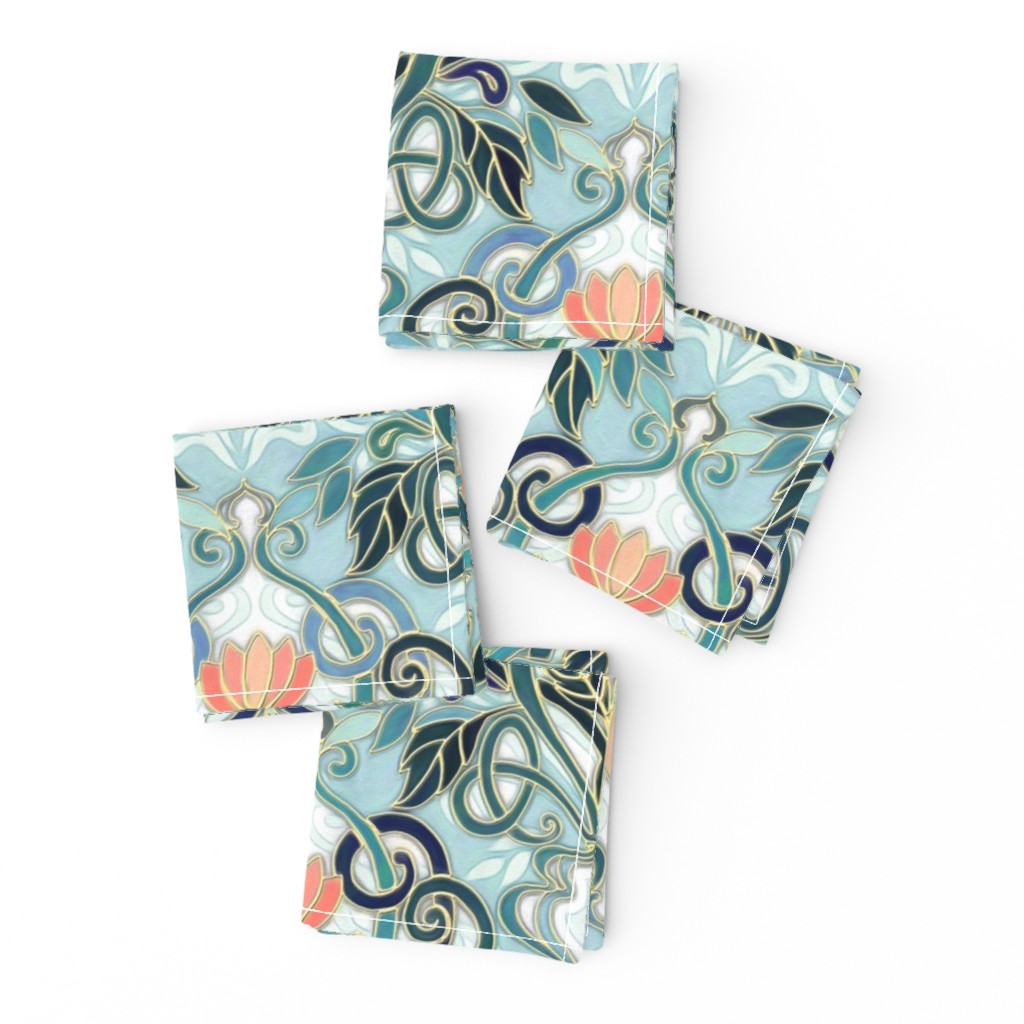 Sage and Blue Art Nouveau Pattern with Peach Flowers large print 