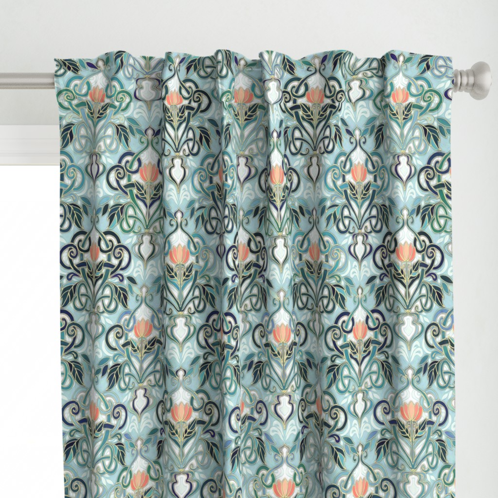 Sage and Blue Art Nouveau Pattern with Peach Flowers large print 