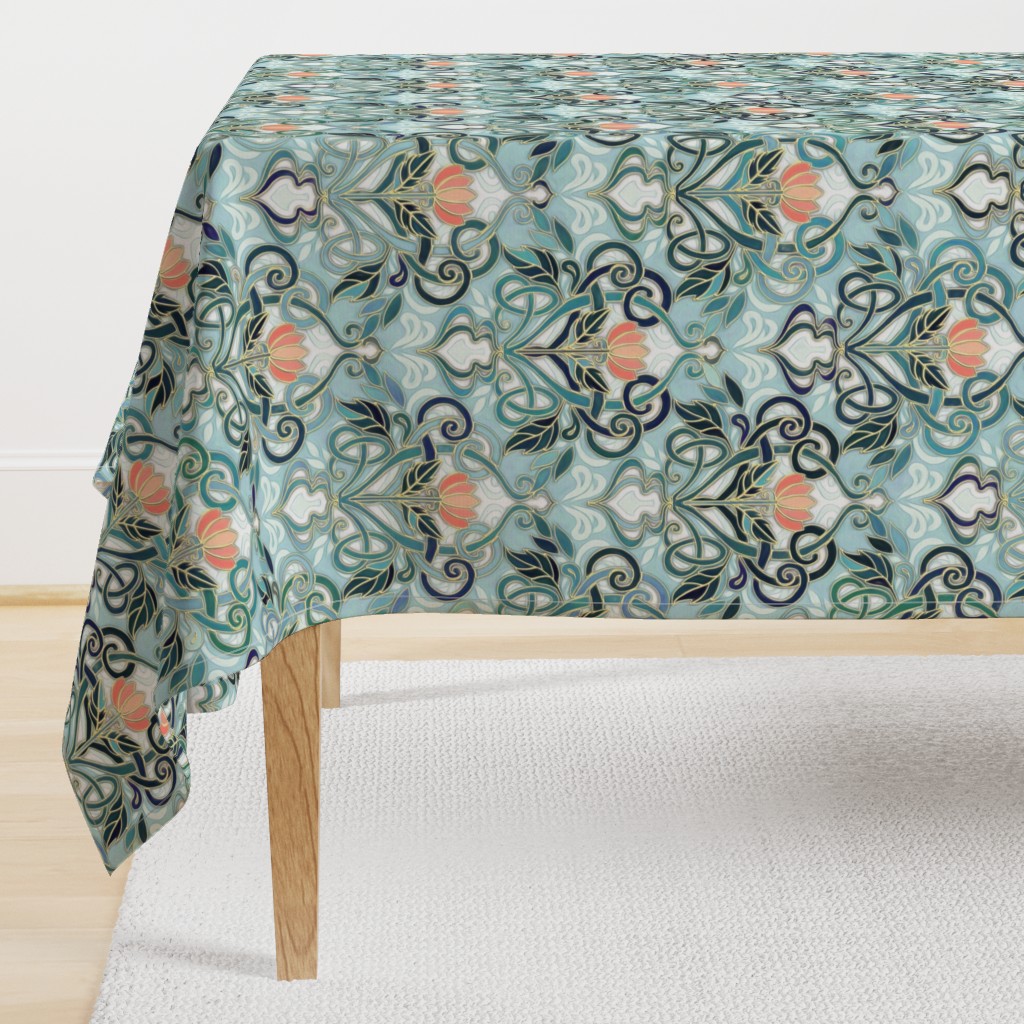 Sage and Blue Art Nouveau Pattern with Peach Flowers large print 