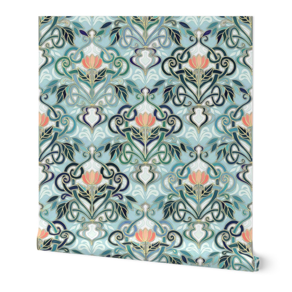 Sage and Blue Art Nouveau Pattern with Peach Flowers large print 