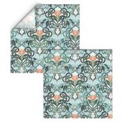 Sage and Blue Art Nouveau Pattern with Peach Flowers large print 