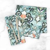 Sage and Blue Art Nouveau Pattern with Peach Flowers large print 