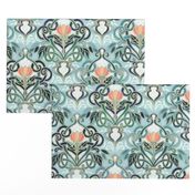 Sage and Blue Art Nouveau Pattern with Peach Flowers large print 