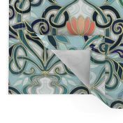 Sage and Blue Art Nouveau Pattern with Peach Flowers large print 