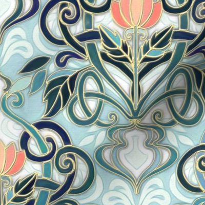 Sage and Blue Art Nouveau Pattern with Peach Flowers large print 