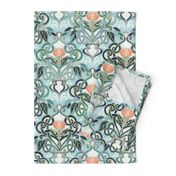 Sage and Blue Art Nouveau Pattern with Peach Flowers large print 