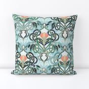 Sage and Blue Art Nouveau Pattern with Peach Flowers large print 