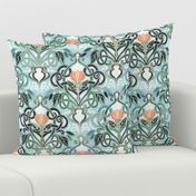 Sage and Blue Art Nouveau Pattern with Peach Flowers large print 