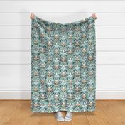 Sage and Blue Art Nouveau Pattern with Peach Flowers large print 