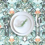 Sage and Blue Art Nouveau Pattern with Peach Flowers large print 