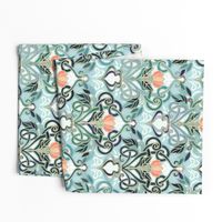 Sage and Blue Art Nouveau Pattern with Peach Flowers large print 