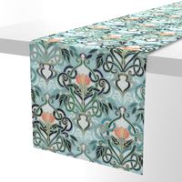 Sage and Blue Art Nouveau Pattern with Peach Flowers large print 