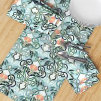 Sage and Blue Art Nouveau Pattern with Peach Flowers large print 