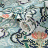 Sage and Blue Art Nouveau Pattern with Peach Flowers large print 