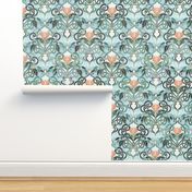 Sage and Blue Art Nouveau Pattern with Peach Flowers large print 