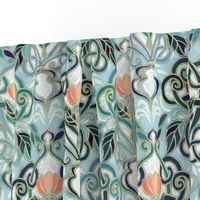 Sage and Blue Art Nouveau Pattern with Peach Flowers large print 