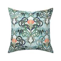 Sage and Blue Art Nouveau Pattern with Peach Flowers large print 