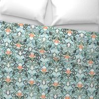 Sage and Blue Art Nouveau Pattern with Peach Flowers large print 