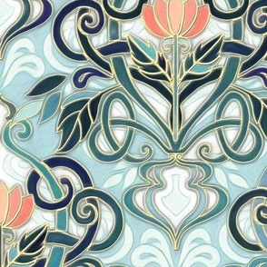 Sage and Blue Art Nouveau Pattern with Peach Flowers large print 