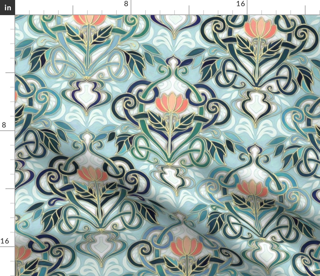 Sage and Blue Art Nouveau Pattern with Peach Flowers large print 