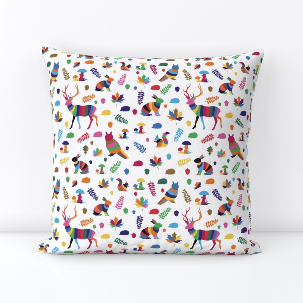 colorful striped woodland animals on white background | small