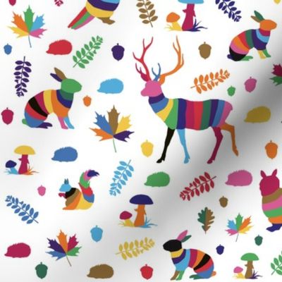 colorful striped woodland animals on white background | small