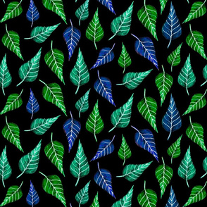 Leaves on black--blues and greens