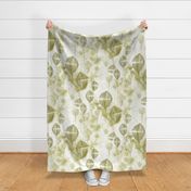 1940s Retro Art Deco Large scale Floral watercolor in Mustard Leaf green Khaki and Mehendi