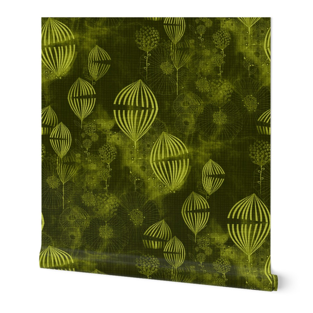 Art Deco whimsical fantasy fine art in Dark Khaki and lime green Large scale texture