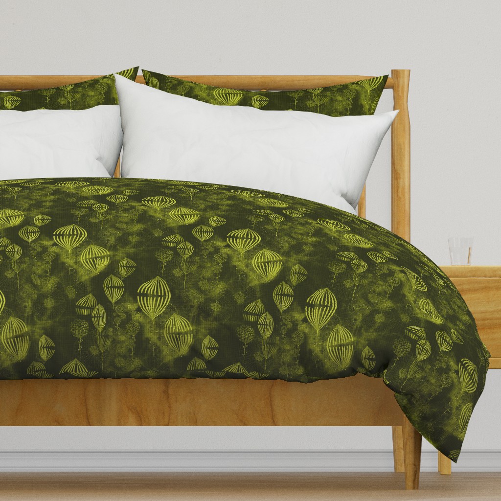 Art Deco whimsical fantasy fine art in Dark Khaki and lime green Large scale texture