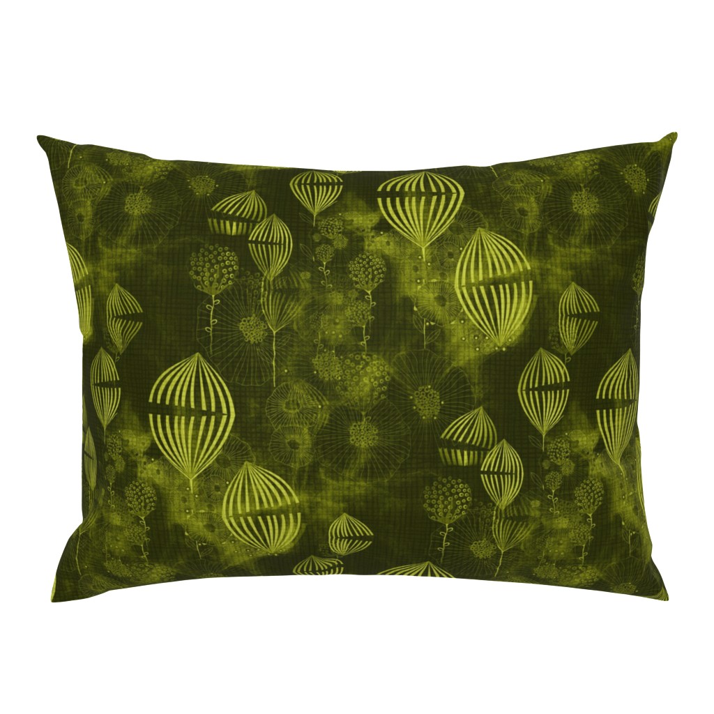 Art Deco whimsical fantasy fine art in Dark Khaki and lime green Large scale texture