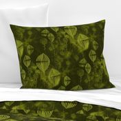 Art Deco whimsical fantasy fine art in Dark Khaki and lime green Large scale texture