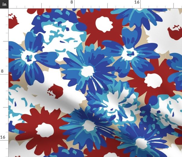 Fabric By The Yard Red White Blue Flowers