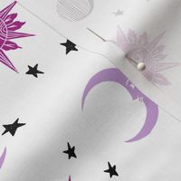 sun moon stars fabric - linocut fabric, mystic tarot fabric, moon phase, witch, ouija, mystical, magic, magical fabric - purple