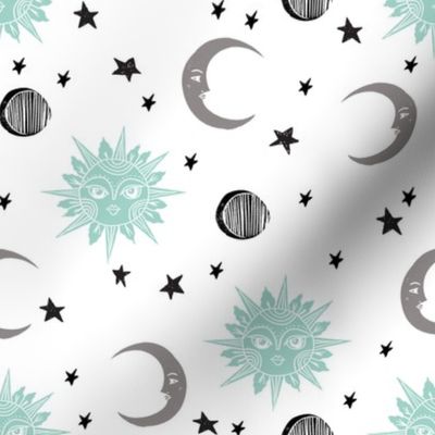 sun moon stars fabric - linocut fabric, mystic tarot fabric, moon phase, witch, ouija, mystical, magic, magical fabric - mint and grey