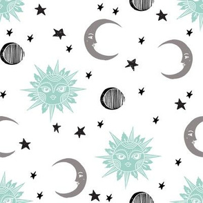 sun moon stars fabric - linocut fabric, mystic tarot fabric, moon phase, witch, ouija, mystical, magic, magical fabric - mint and grey