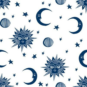 sun moon stars fabric - linocut fabric, mystic tarot fabric, moon phase, witch, ouija, mystical, magic, magical fabric - navy and white