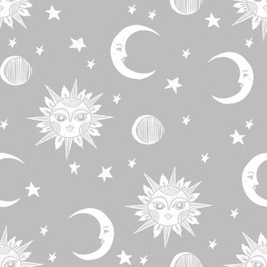 sun moon stars fabric - linocut fabric, mystic tarot fabric, moon phase, witch, ouija, mystical, magic, magical fabric - grey