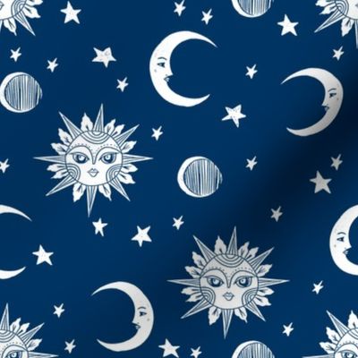 sun moon stars fabric - linocut fabric, mystic tarot fabric, moon phase, witch, ouija, mystical, magic, magical fabric - navy