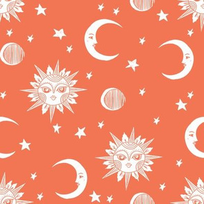 sun moon stars fabric - linocut fabric, mystic tarot fabric, moon phase, witch, ouija, mystical, magic, magical fabric - orange