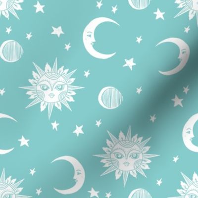sun moon stars fabric - linocut fabric, mystic tarot fabric, moon phase, witch, ouija, mystical, magic, magical fabric - teal