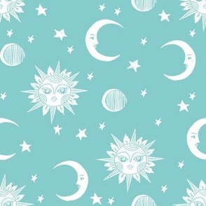 sun moon stars fabric - linocut fabric, mystic tarot fabric, moon phase, witch, ouija, mystical, magic, magical fabric - teal
