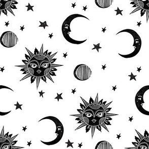 sun moon stars fabric - linocut fabric, mystic tarot fabric, moon phase, witch, ouija, mystical, magic, magical fabric - black and white